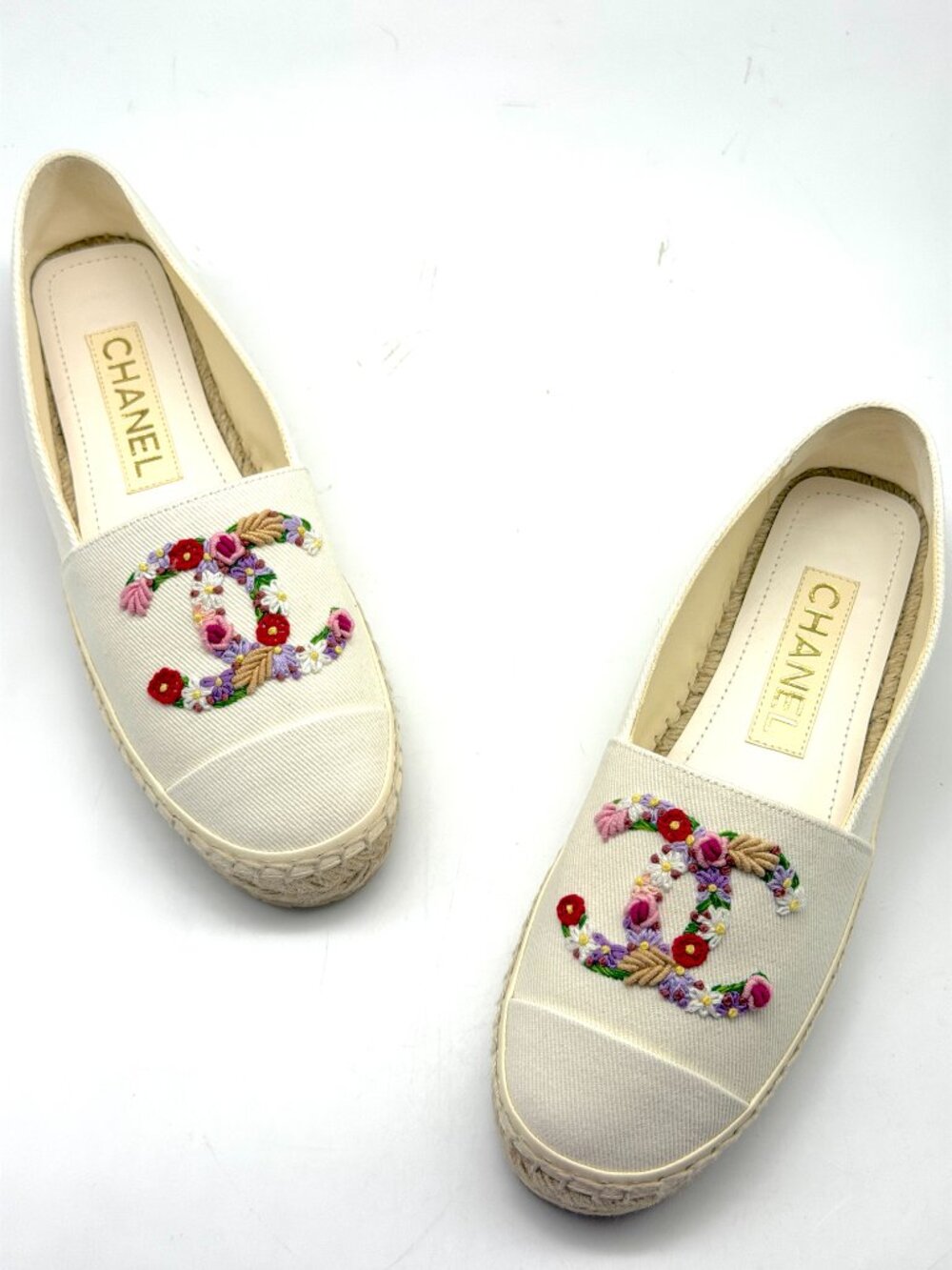 CHANEL 25P Floral Flower CC Cotton Cap Toe CC Logo Espadrilles Flats Shoes
